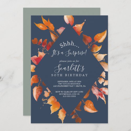 Fall Leaves  Navy Blue  Burgundy Surprise Party Invitation