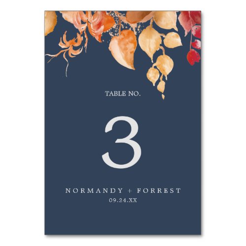 Fall Leaves  Navy Blue  Burgundy Table Number