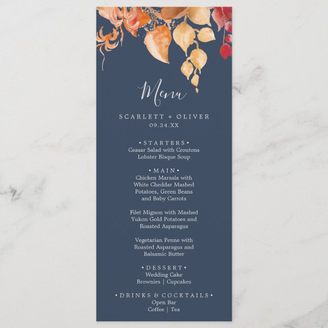 Fall Leaves | Navy Blue & Burgundy Wedding Menu (Front)