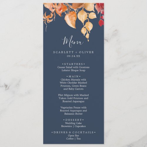 Fall Leaves  Navy Blue  Burgundy Wedding Menu