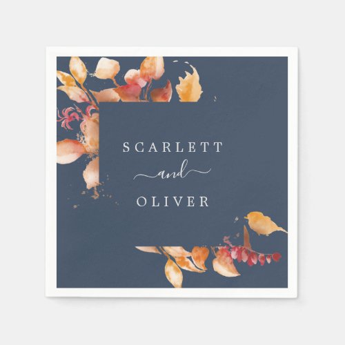 Fall Leaves  Navy Blue  Burgundy Wedding Napkins