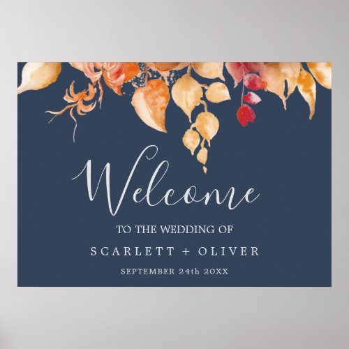 Fall Leaves  Navy Blue  Burgundy Welcome Wedding Poster