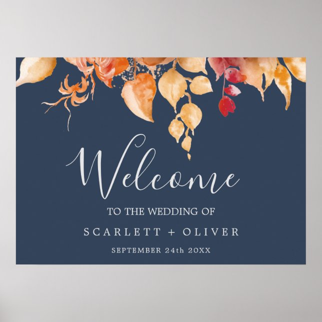 Fall Leaves | Navy Blue & Burgundy Welcome Wedding Poster (Front)