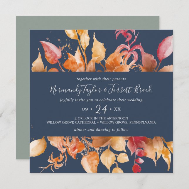 Fall Leaves | Navy Blue Casual Square Wedding Invitation (Front/Back)