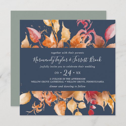 Fall Leaves  Navy Blue Casual Square Wedding Invitation