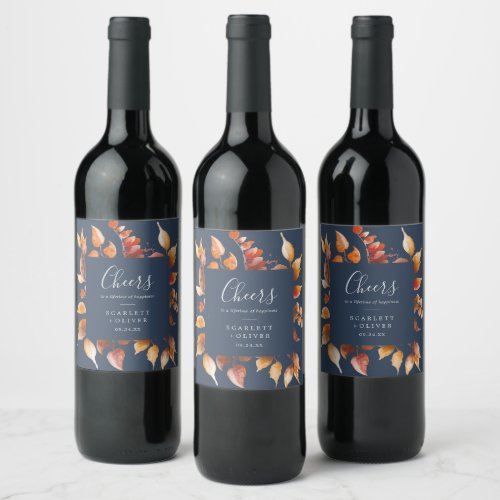 Fall Leaves  Navy Blue Cheers Wedding Wine Labels