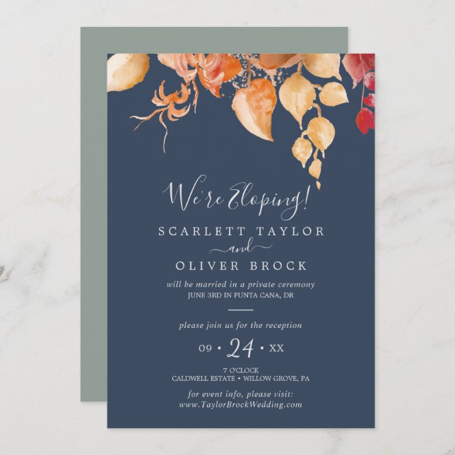 Fall Leaves | Navy Blue Elopement Reception Invitation (Front/Back)