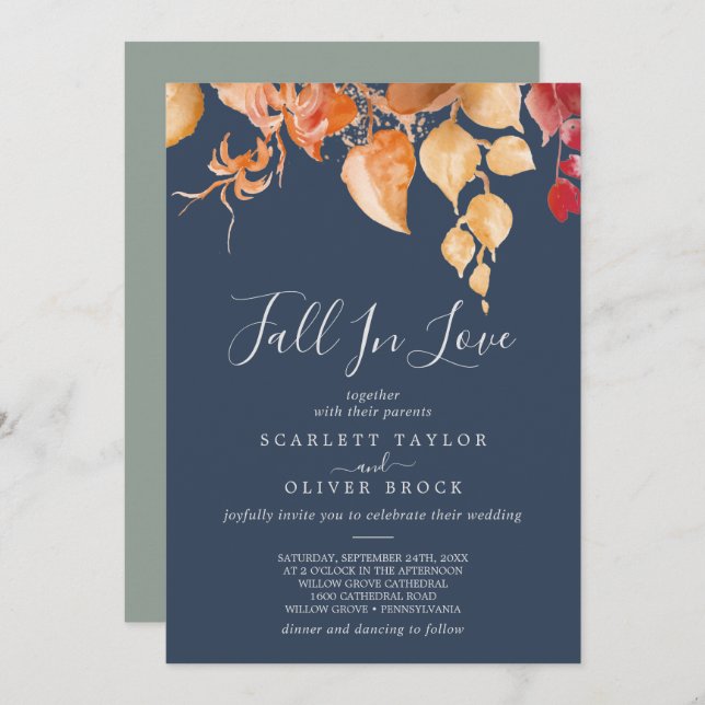 Fall Leaves | Navy Blue Fall In Love Wedding Invitation (Front/Back)