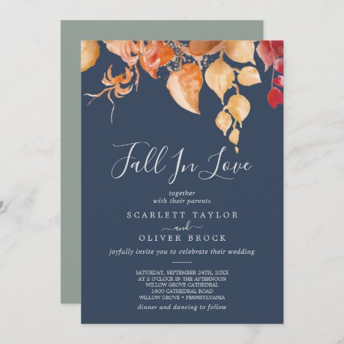 Fall Leaves  Navy Blue Fall In Love Wedding Invitation