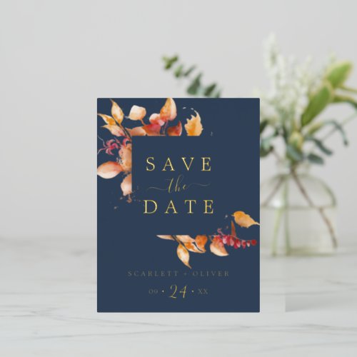 Fall Leaves  Navy Blue Gold Foil Save the Date Foil Invitation Postcard