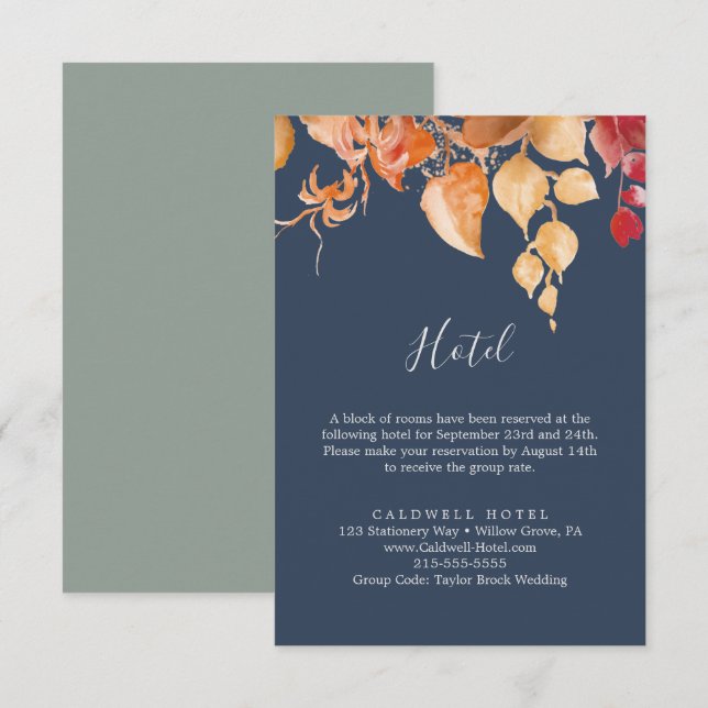 Fall Leaves | Navy Blue Hotel Enclosure Card (Front/Back)