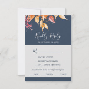Fall Leaves   Navy Blue Menu Choice RSVP Card