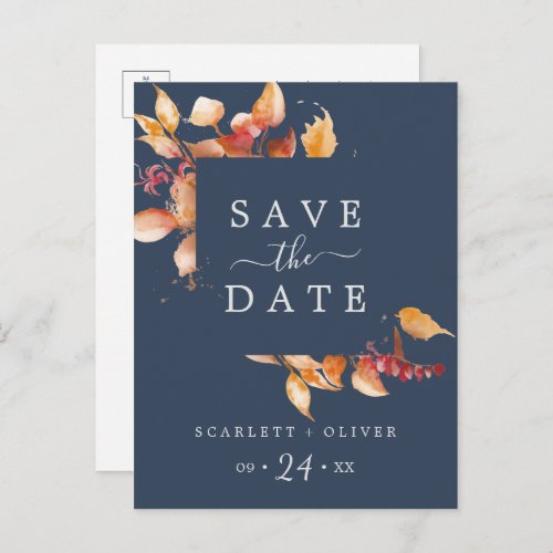 Fall Leaves  Navy Blue Save the Date Postcard