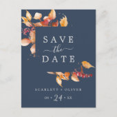 Fall Leaves | Navy Blue Save the Date Postcard (Front)