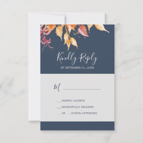 Fall Leaves  Navy Blue Simple RSVP Card