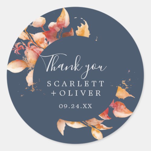 Fall Leaves  Navy Blue Thank You Favor Sticker