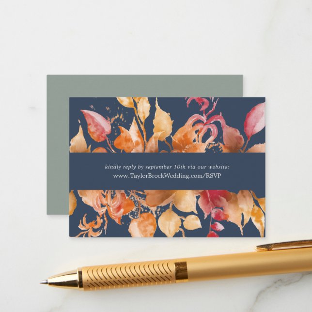 Fall Leaves | Navy Blue Wedding Website RSVP Enclosure Card (Front/Back In Situ)