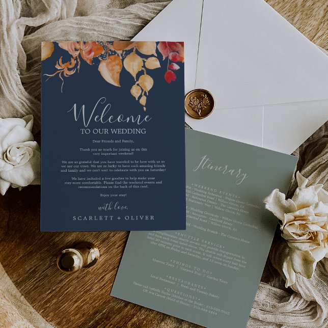 Fall Leaves Navy Wedding Welcome Letter Itinerary (Creator Uploaded)