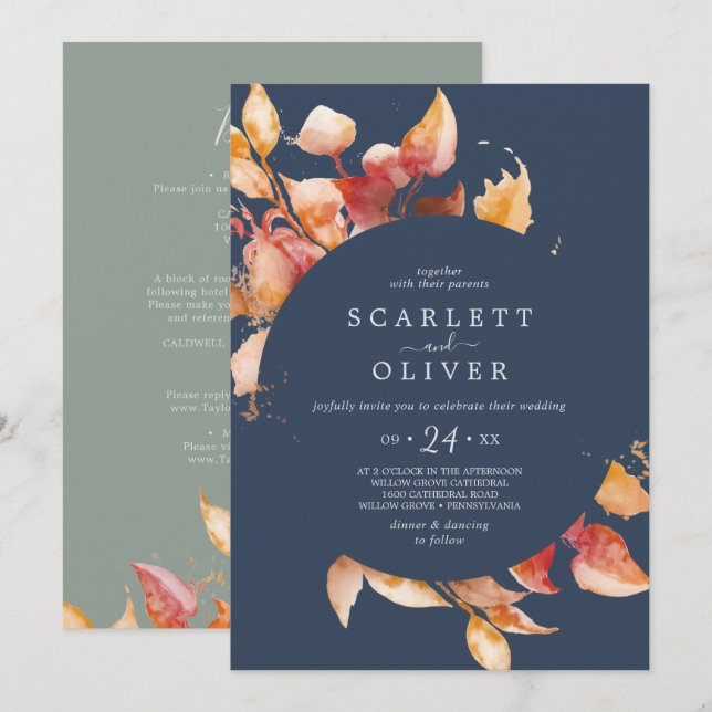 Fall Leaves | Navy with Details on Back Wedding Invitation (Front/Back)