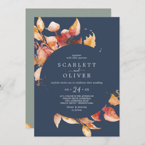 Fall Leaves  Navy with Details on Back Wedding Invitation