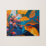Fall leaves oil painted. Abstract autumn foliage Jigsaw Puzzle<br><div class="desc">Fall leaves and rowan berry puzzle. Abstract modern autumn nature oil painted art in blue yellow orange colors.</div>