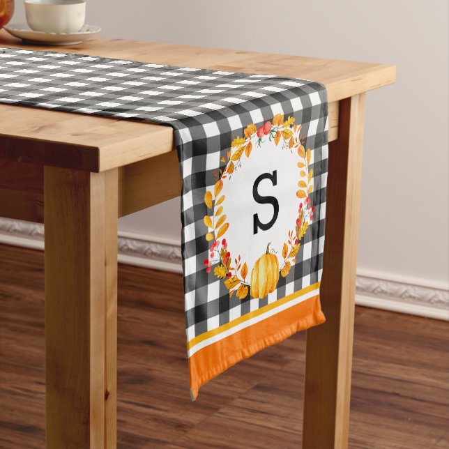 Fall Leaves On Black Gingham Personalized Long Table Runner (In Situ)