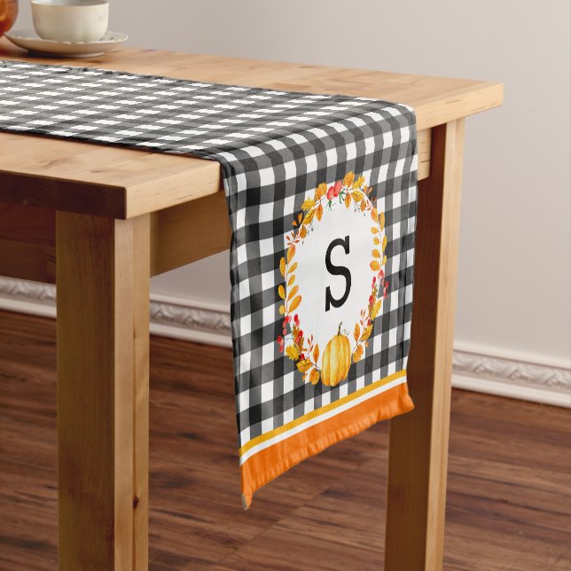 Fall Leaves On Black Gingham Personalized Short Table Runner (In Situ)