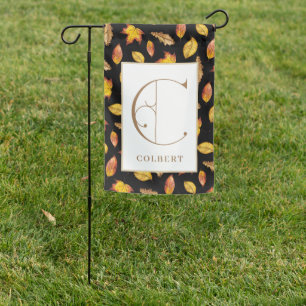 Fall Leaves on Black, Monogram C Garden Flag