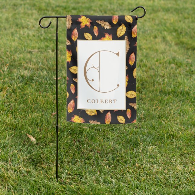 Fall Leaves on Black, Monogram C Garden Flag (In SItu)