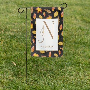 Fall Leaves on Black, Monogram N Garden Flag
