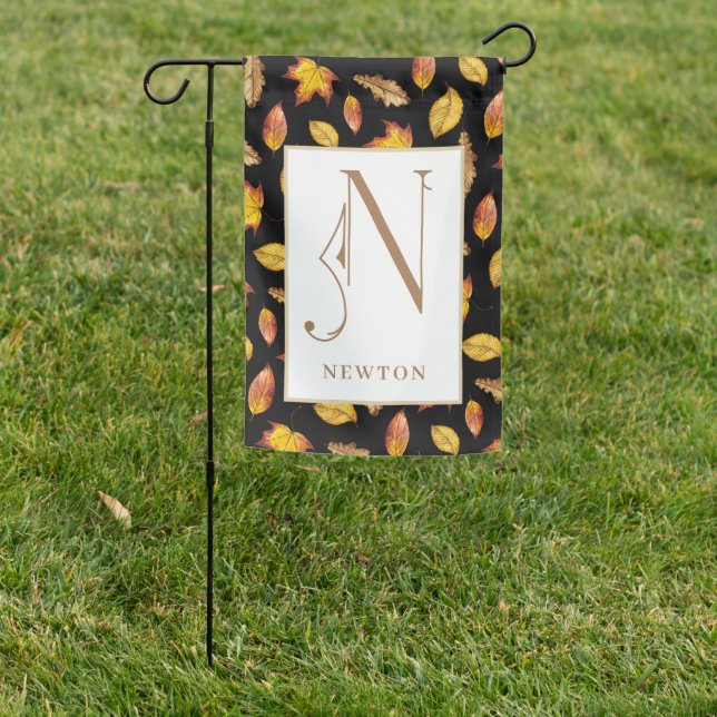 Fall Leaves on Black, Monogram N Garden Flag (In SItu)