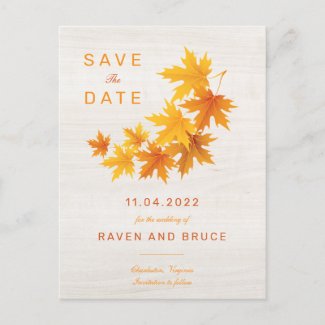 Fall Leaves on Rustic Wood Background Announcement Postcard