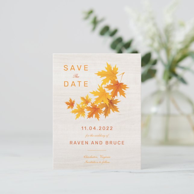 Fall Leaves on Rustic Wood Background Announcement Postcard (Standing Front)