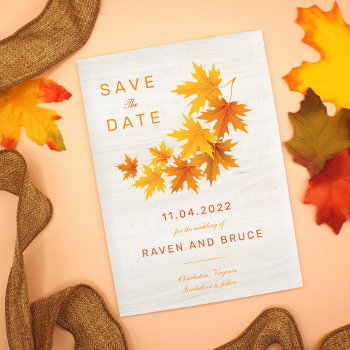 Fall Leaves On Rustic Wood Background Announcement Postcard by marlenedesigner at Zazzle