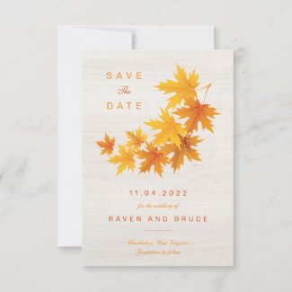 Fall Leaves on Rustic Wood Background Save The Date