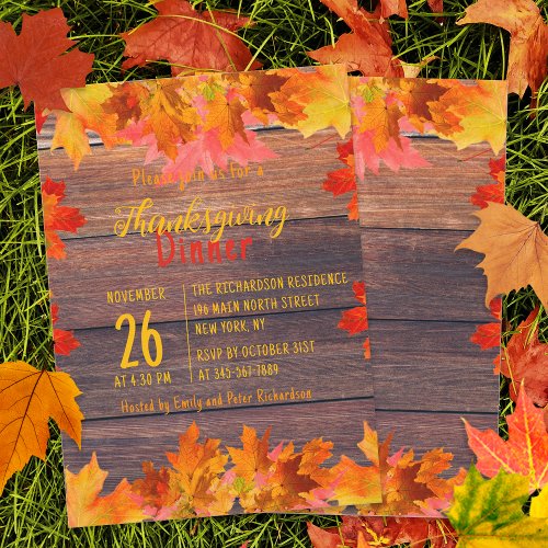 Fall Leaves On Rustic Wood Thanksgiving Dinner Invitation
