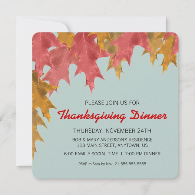 Fall Leaves on Teal Thanksgiving Dinner Invitation (Front)