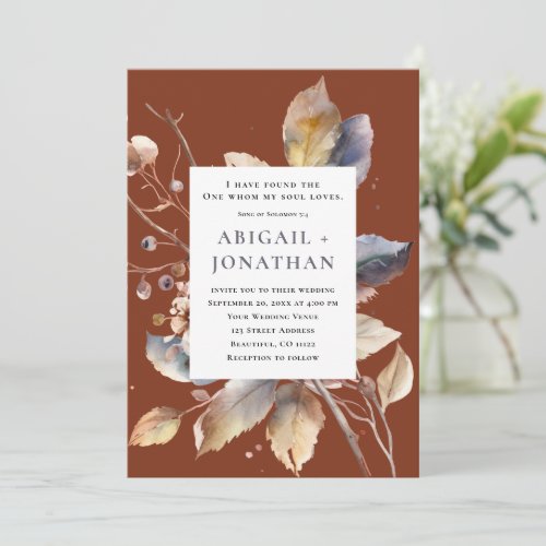 Fall Leaves on Terracotta Christian Bible Wedding Invitation