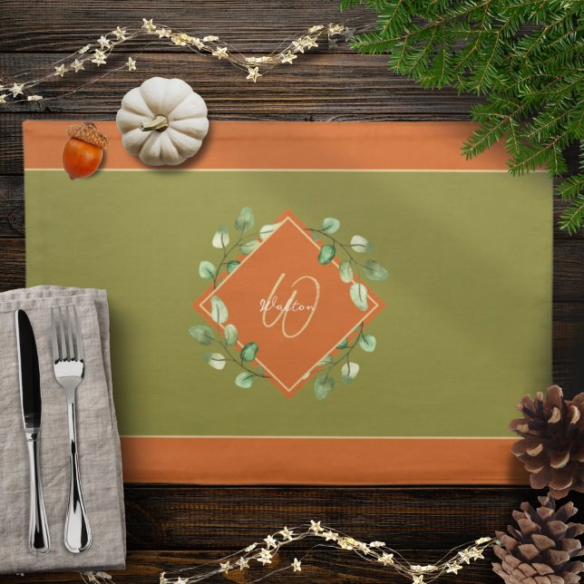 Fall Leaves Orange and Green Monogrammed Cloth Placemat (Creator Uploaded)