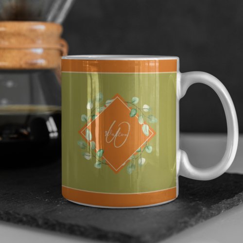 Fall Leaves Orange and Green Monogrammed Coffee Mug