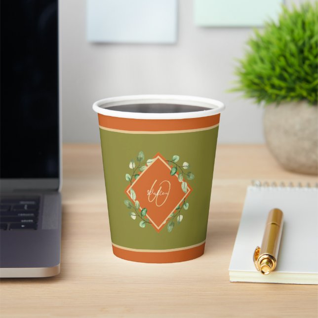 Fall Leaves Orange and Green Monogrammed Paper Cups (Insitu)