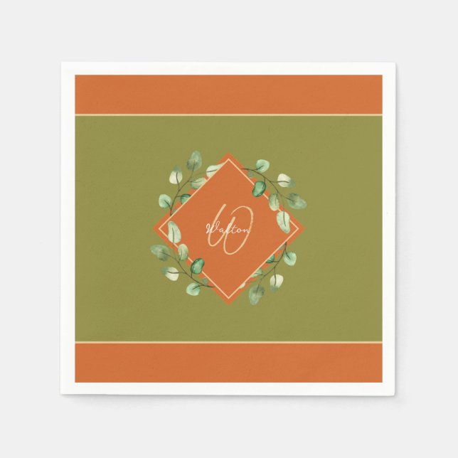Fall Leaves Orange and Green Monogrammed Paper Napkins (Front)