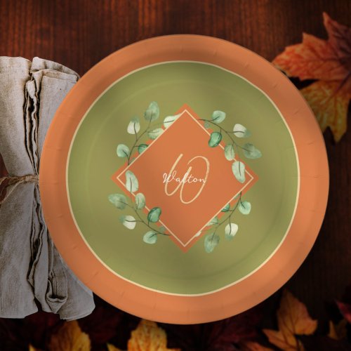 Fall Leaves Orange and Green Monogrammed Paper Plates