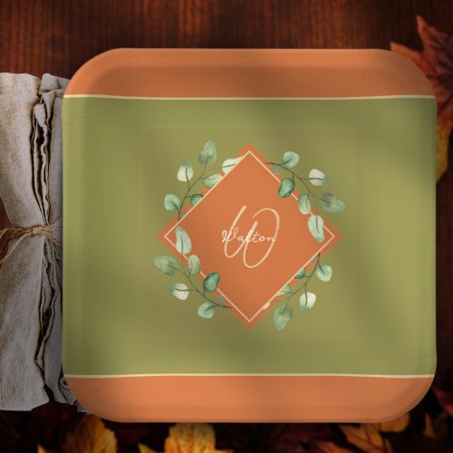 Fall Leaves Orange and Green Monogrammed Paper Plates
