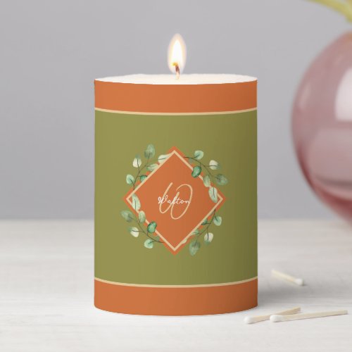 Fall Leaves Orange and Green Monogrammed Pillar Candle