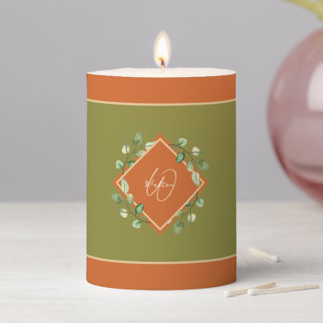 Fall Leaves Orange and Green Monogrammed Pillar Candle (In Situ)
