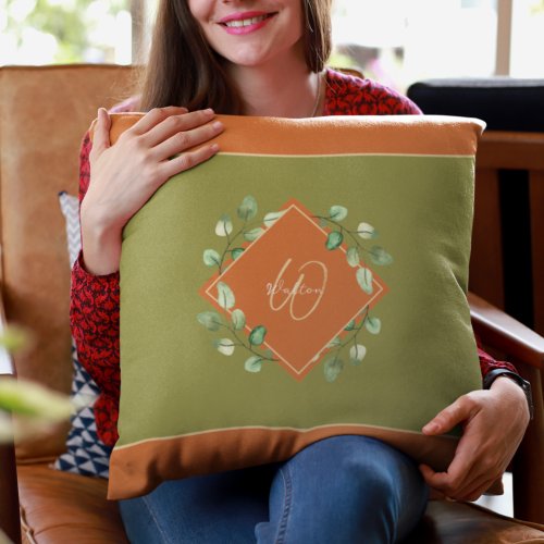 Fall Leaves Orange and Green Monogrammed Throw Pillow