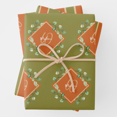 Fall Leaves Orange and Green Monogrammed Wrapping Paper Sheets