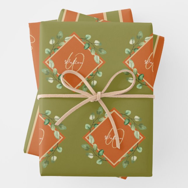 Fall Leaves Orange and Green Monogrammed Wrapping Paper Sheets (In situ)