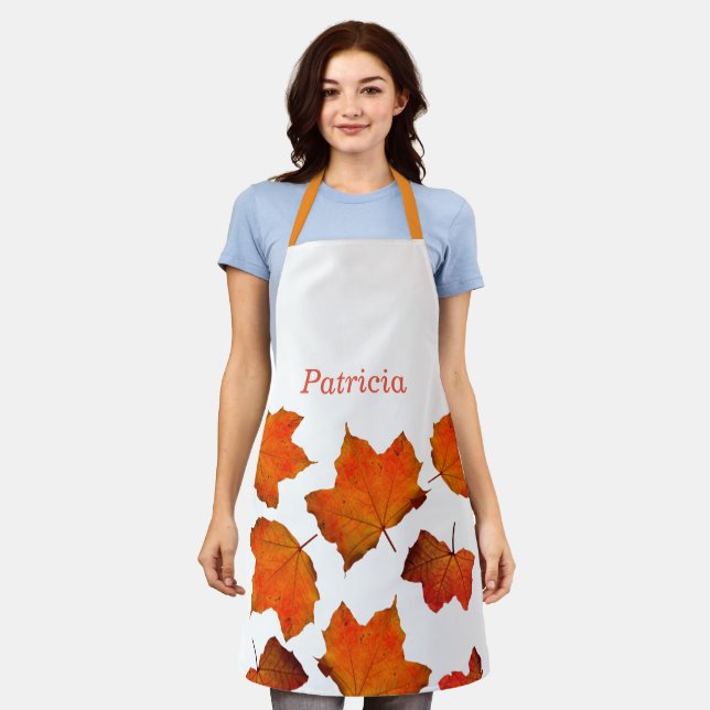Fall Leaves Orange Autumn Thanksgiving Name White Apron (Worn)